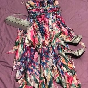 Prom dress with heels , purse , and accessories